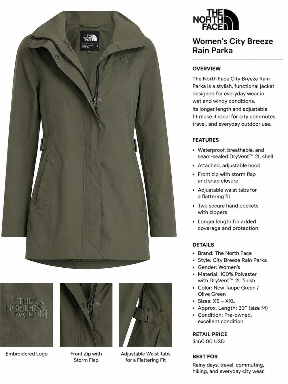The North Face Women's City Breeze Rain Parka — Olive - Picture 1 of 12